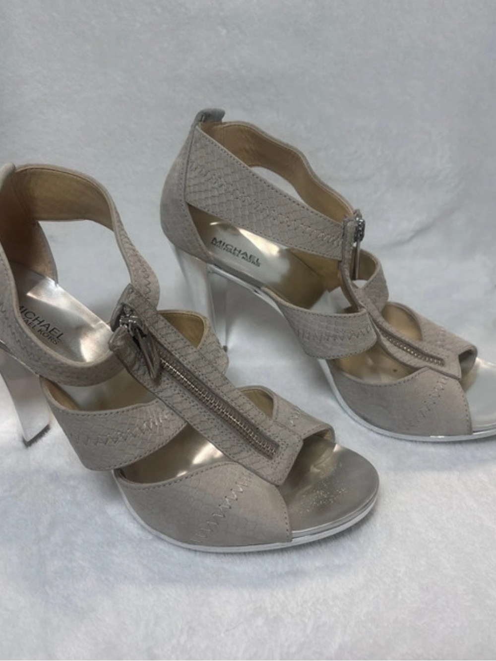 Michael Kors Taupe Zip-Front Strappy High Heels